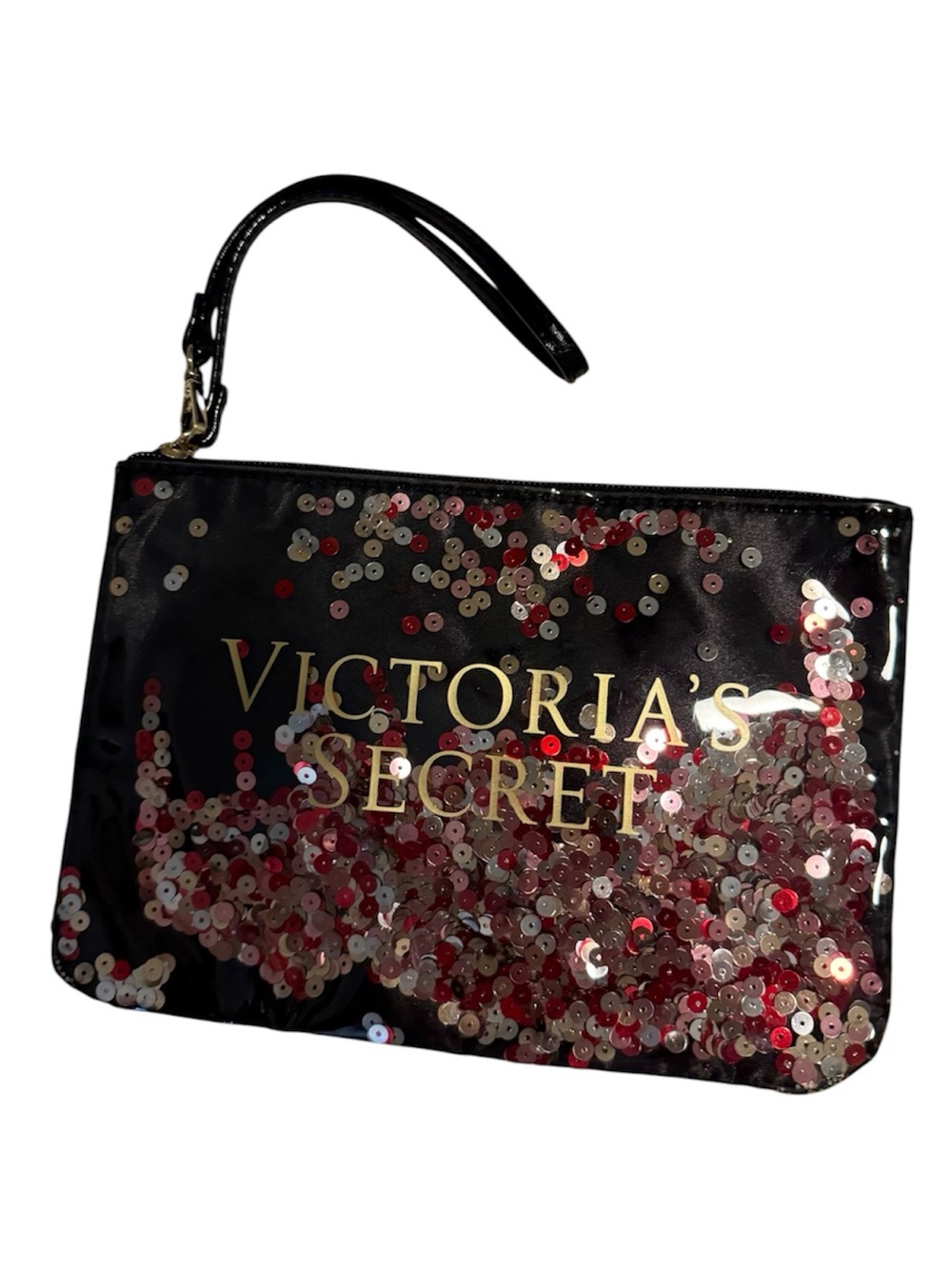 Victoria's Secret Black Sequin Wristlet with Gold Logo